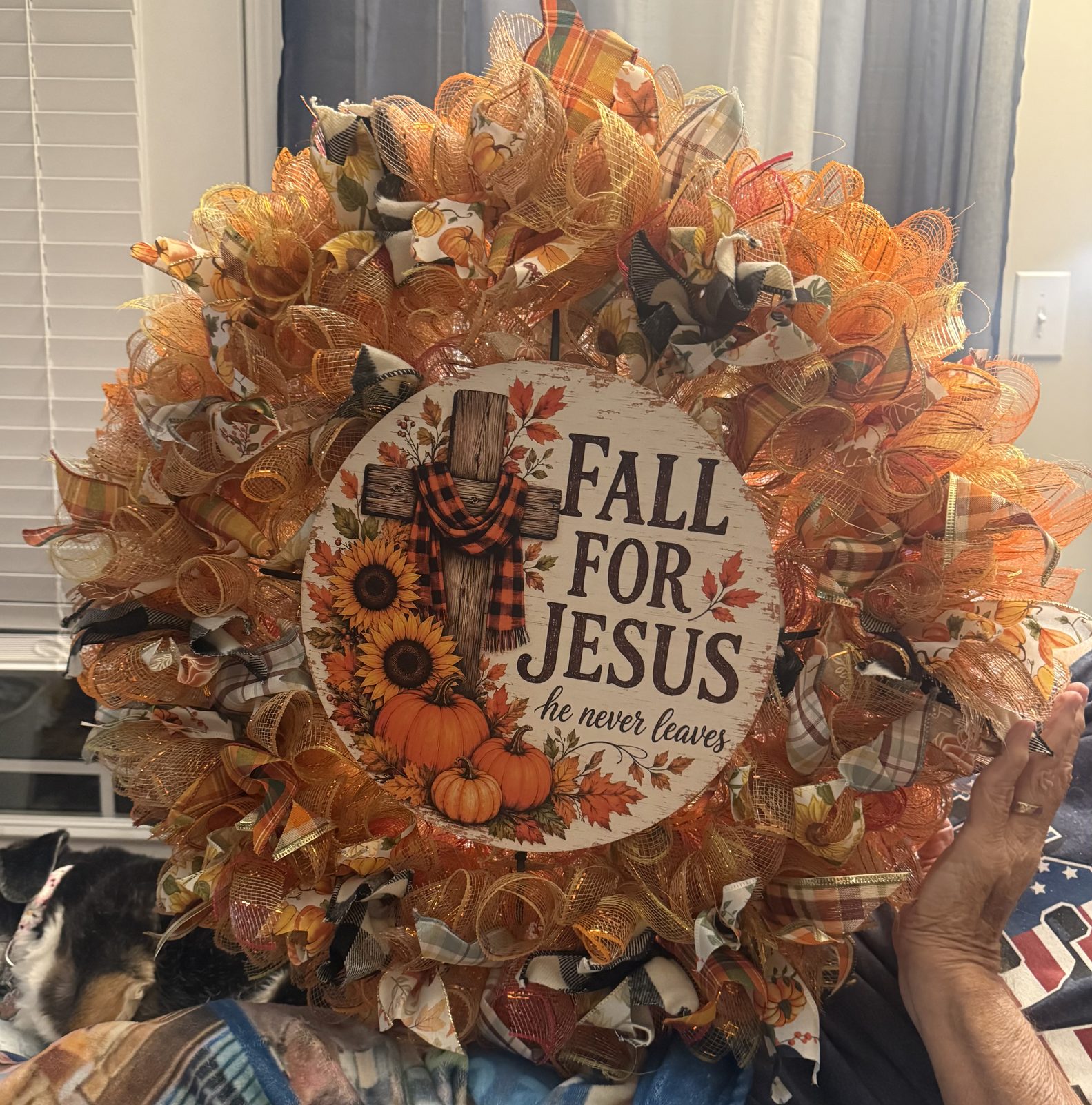 Full fall harvest wreath with decorative sign