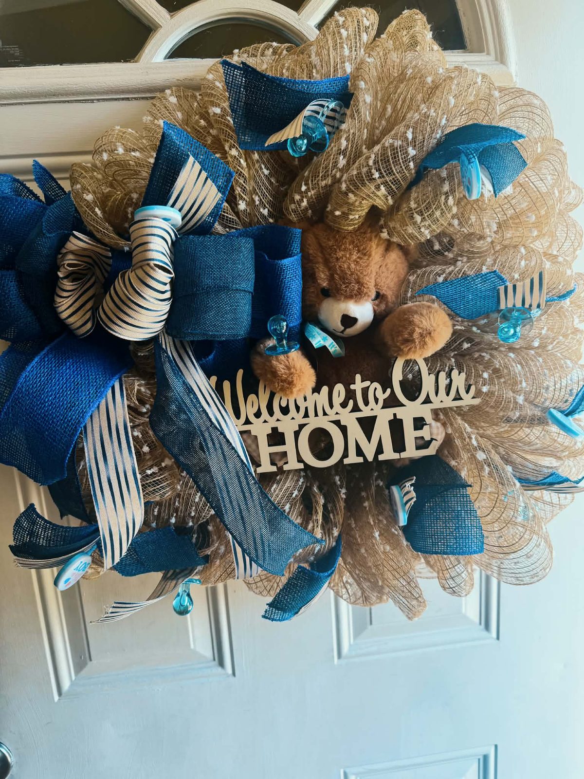 Welcome to our Home wreath with teddy bear